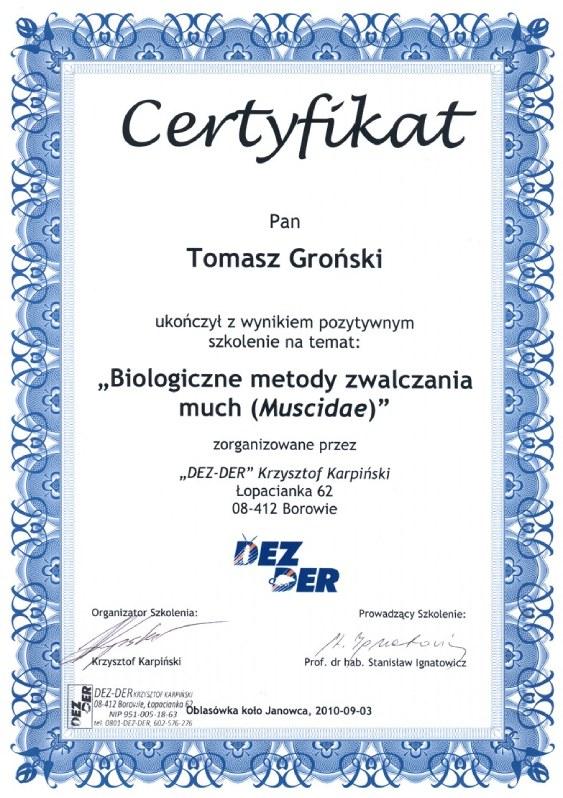 certyfikat- biologiczne zwalczanie much